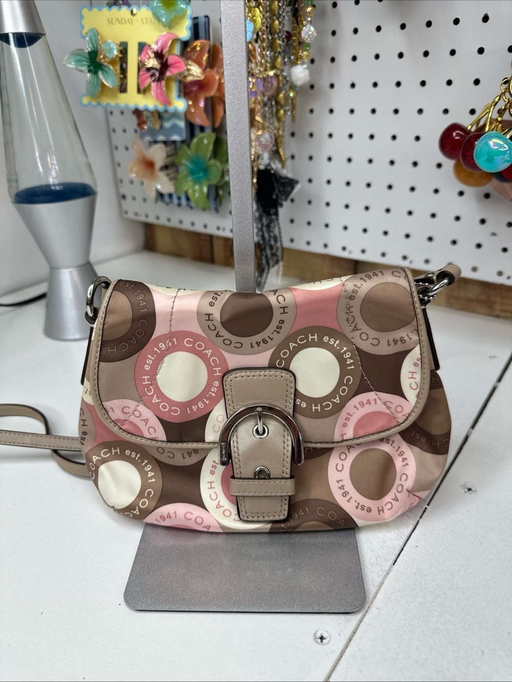 Y2K Coach Soho Pink Tan Signature C Satin Scarf Print Buckle Flap Crossbody Bag